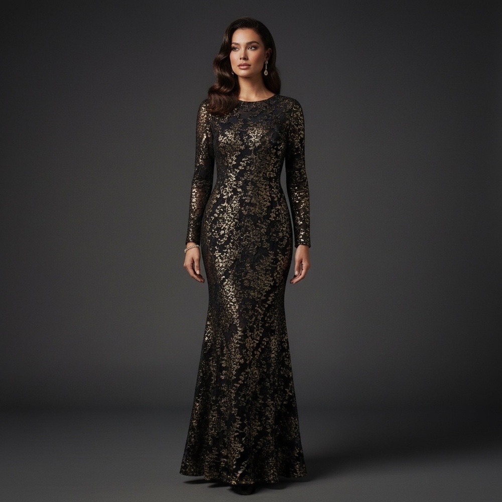 Adrianna Papell Women's Foiled Velvet Burnout Gown black gold elegant formal 4 - Picture 2 of 6